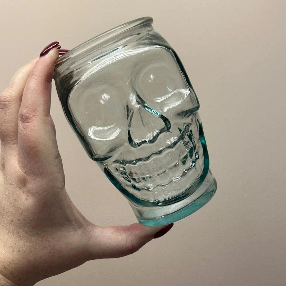 Set of 2 Recycled Aqua Blue Glass Skull Tumblers Gothic Halloween Barware Party